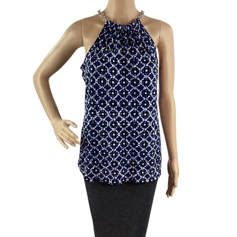Michael Michael Kors Chain Strap Halter Top Blue White Print Size M